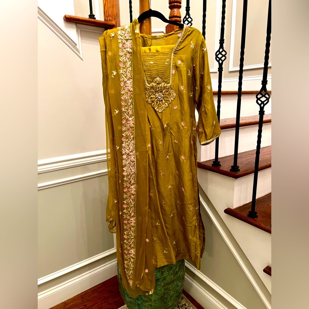 New Pure raw silk embroidered 3 pieces Indian Pakistani outfit